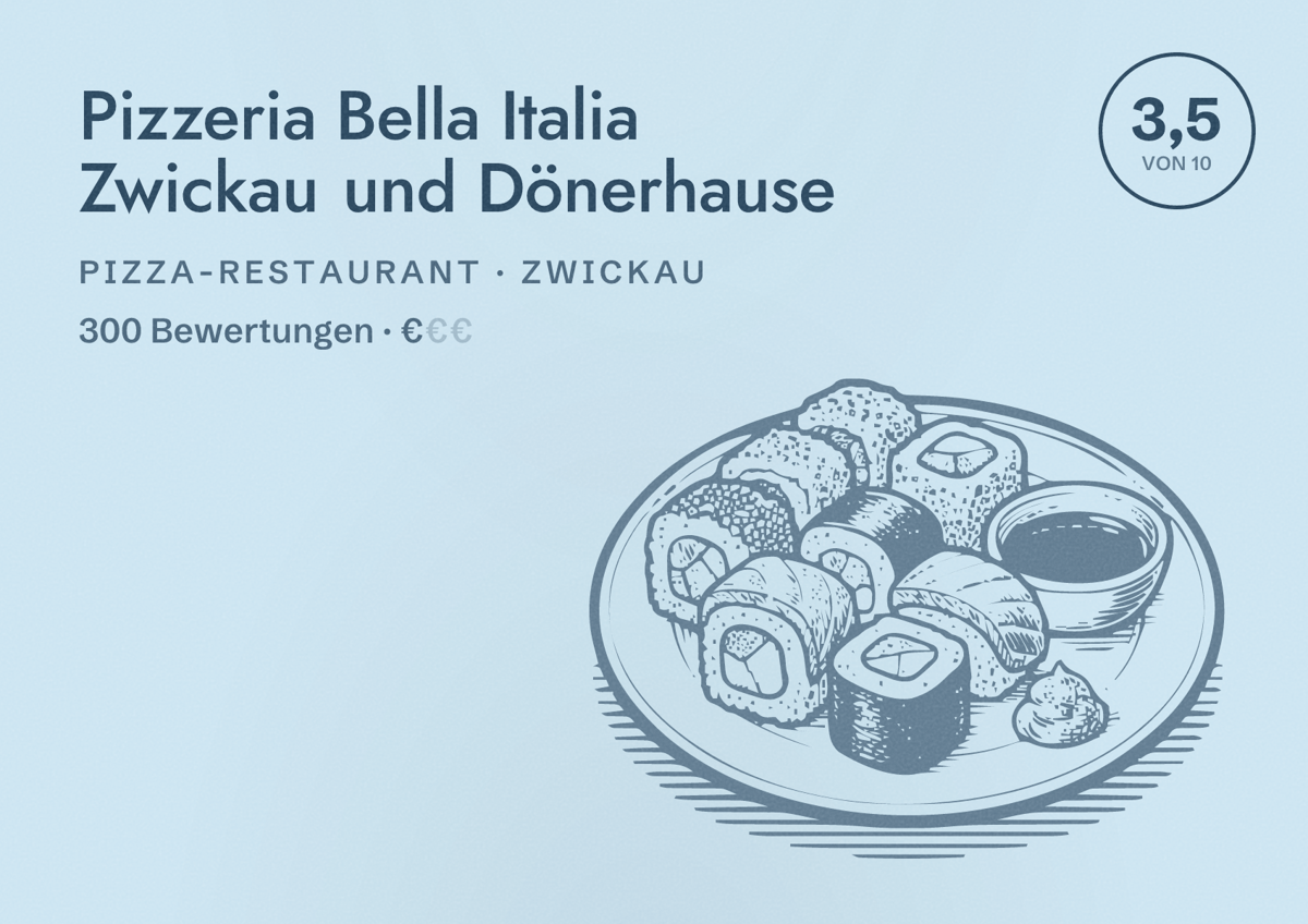 Illustriertes Poster von Pizzeria Bella Italia Zwickau und Dönerhause, Pizza-Restaurant in Zwickau: Bewertung 3,5 von 10 aus 300 Bewertungen, Preisniveau €