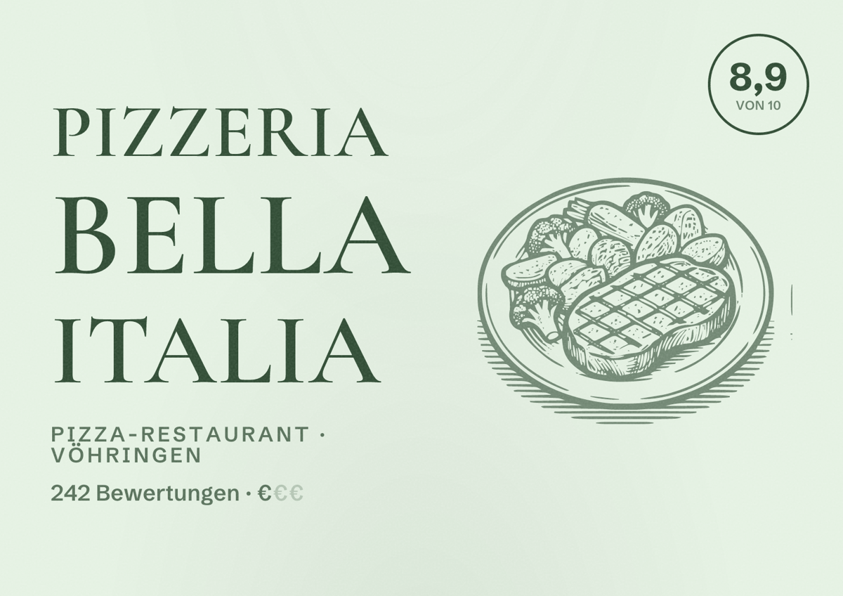 Illustriertes Poster von Pizzeria Bella Italia, Pizza-Restaurant in Vöhringen: Bewertung 8,9 von 10 aus 242 Bewertungen, Preisniveau €