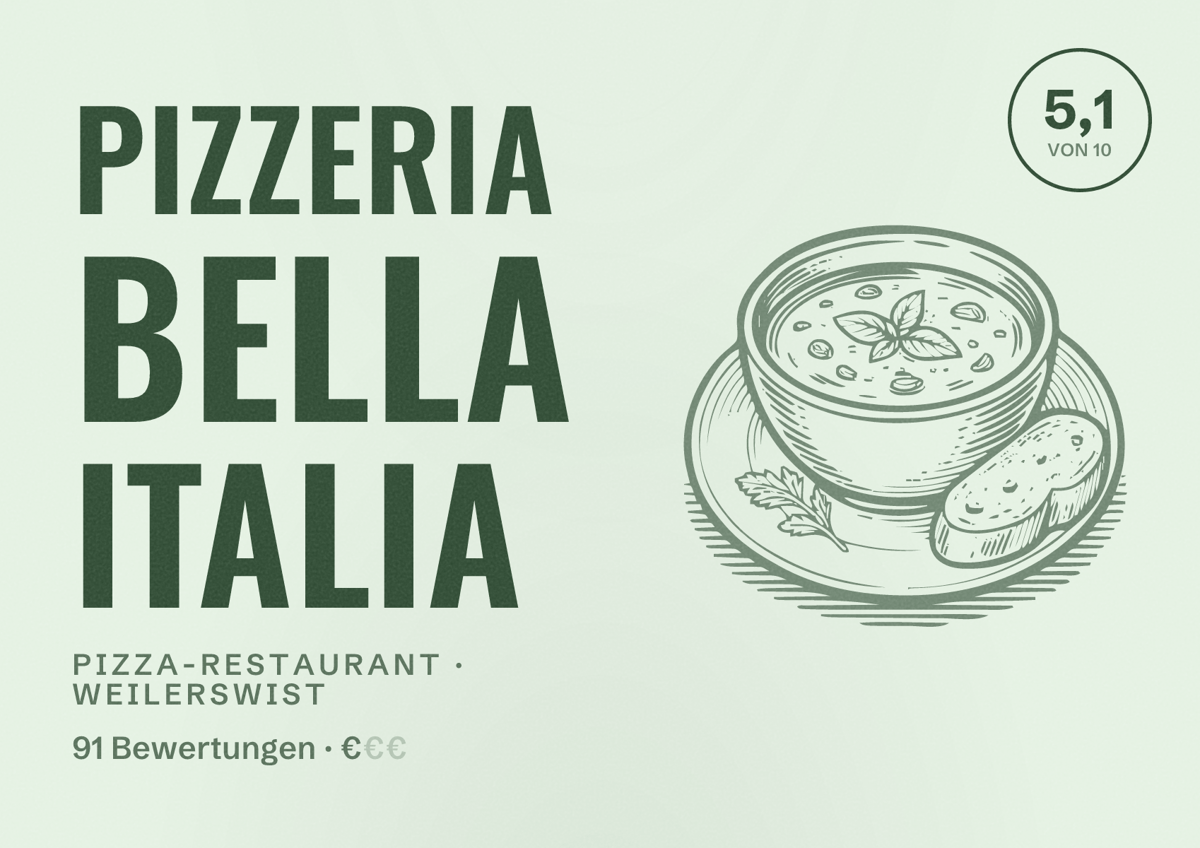 Illustriertes Poster von Pizzeria Bella Italia, Pizza-Restaurant in Weilerswist: Bewertung 5,1 von 10 aus 91 Bewertungen, Preisniveau €