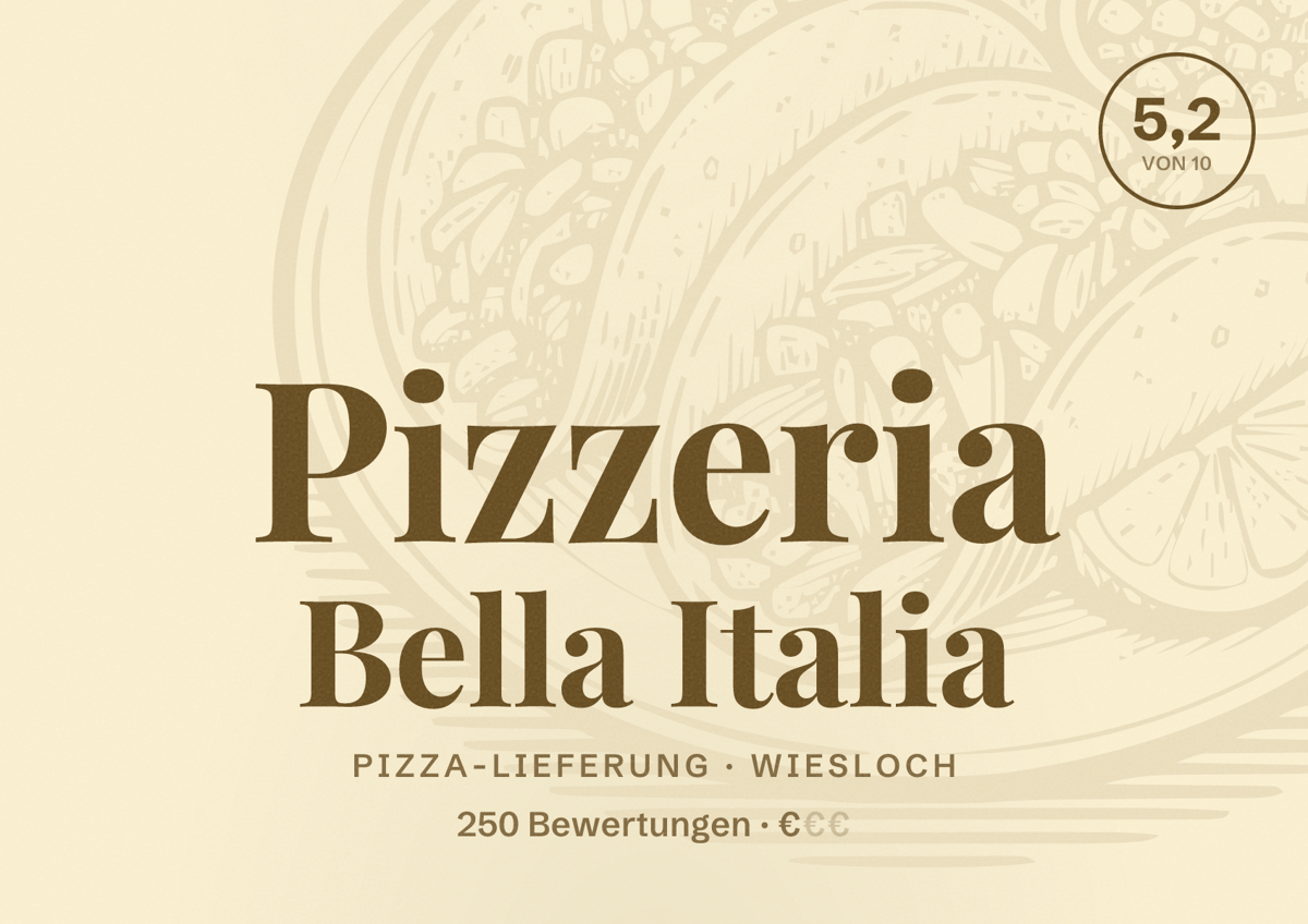 Illustriertes Poster von Pizzeria Bella Italia, Pizza-Lieferung in Wiesloch: Bewertung 5,2 von 10 aus 250 Bewertungen, Preisniveau €