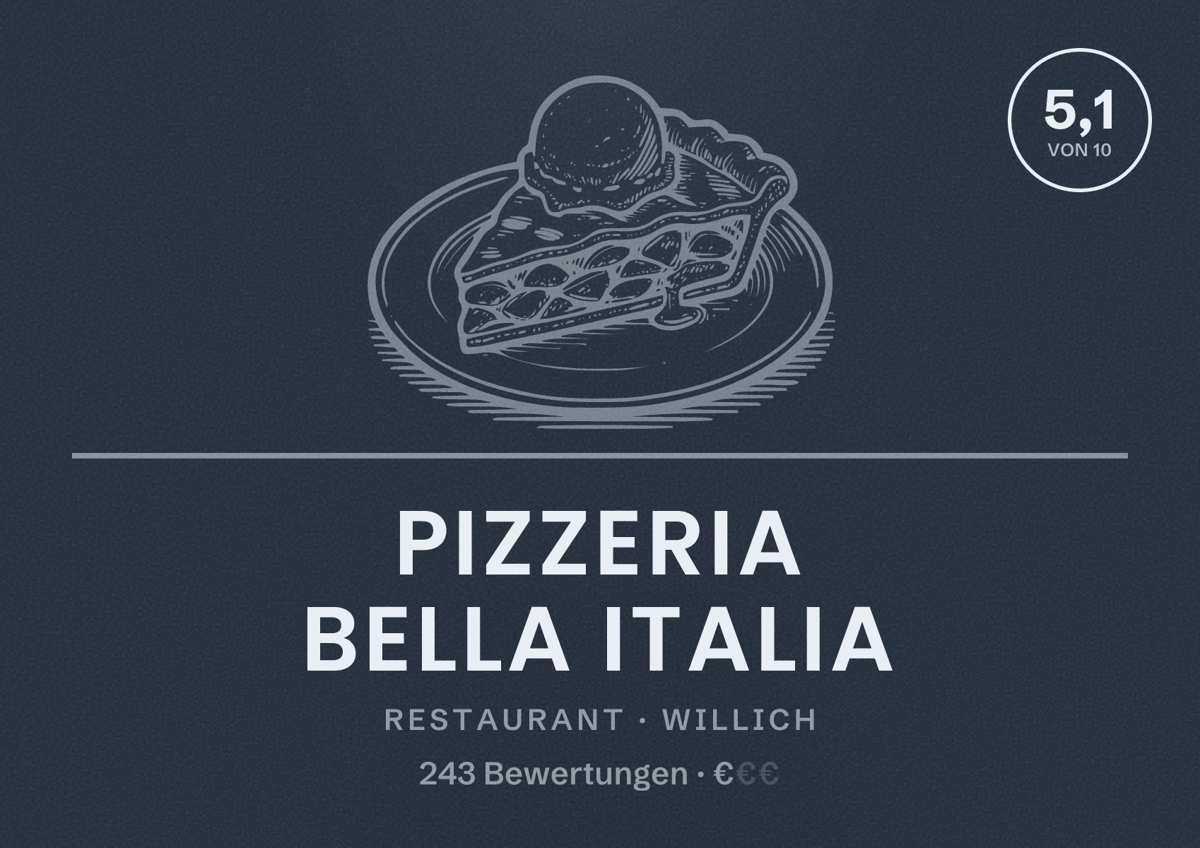 Illustriertes Poster von Pizzeria Bella Italia, Restaurant in Willich: Bewertung 5,1 von 10 aus 243 Bewertungen, Preisniveau €