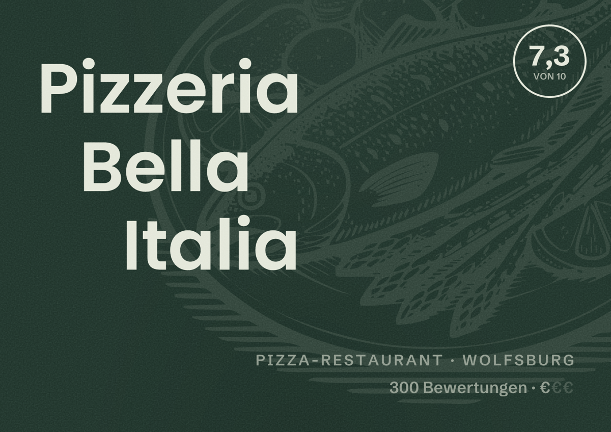 Illustriertes Poster von Pizzeria Bella Italia, Pizza-Restaurant in Wolfsburg: Bewertung 7,3 von 10 aus 300 Bewertungen, Preisniveau €