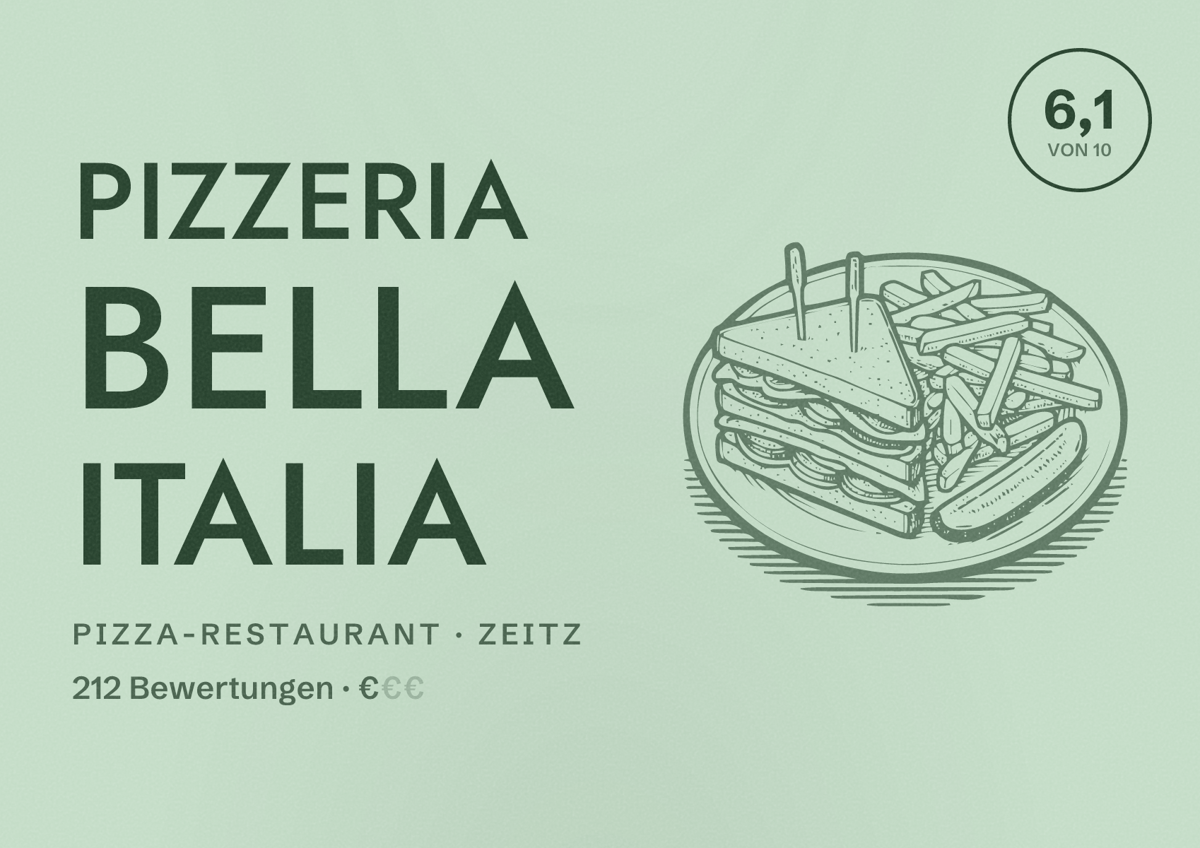 Illustriertes Poster von Pizzeria Bella Italia, Pizza-Restaurant in Zeitz: Bewertung 6,1 von 10 aus 212 Bewertungen, Preisniveau €