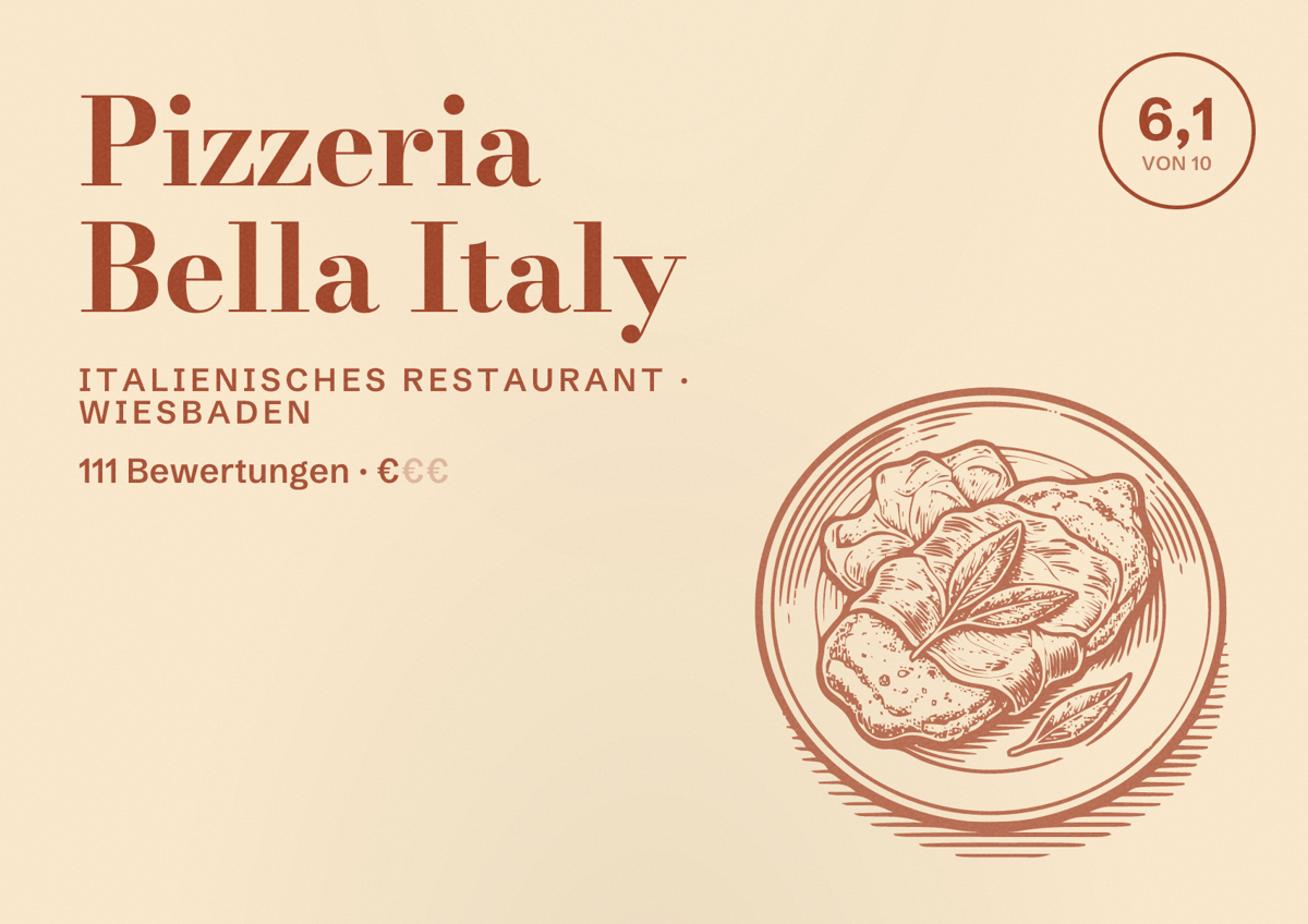 Illustriertes Poster von Pizzeria Bella Italy, Italienisches Restaurant in Wiesbaden: Bewertung 6,1 von 10 aus 111 Bewertungen, Preisniveau €