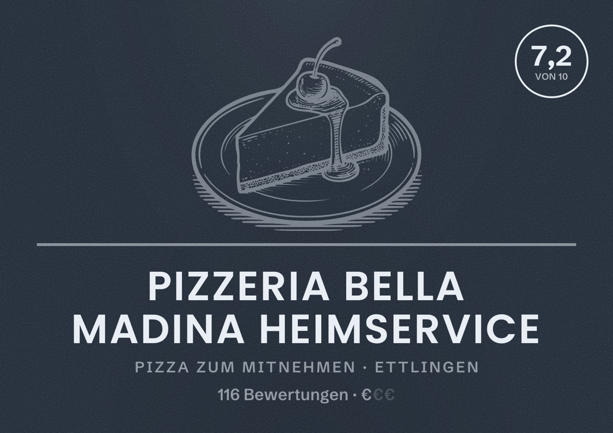 Illustriertes Poster von Pizzeria Bella Madina Heimservice, Pizza zum Mitnehmen in Ettlingen: Bewertung 7,2 von 10 aus 116 Bewertungen, Preisniveau €