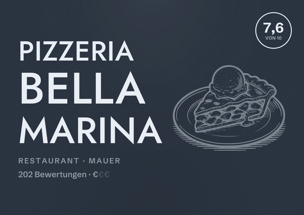 Illustriertes Poster von Pizzeria Bella Marina, Restaurant in Mauer: Bewertung 7,6 von 10 aus 202 Bewertungen, Preisniveau €