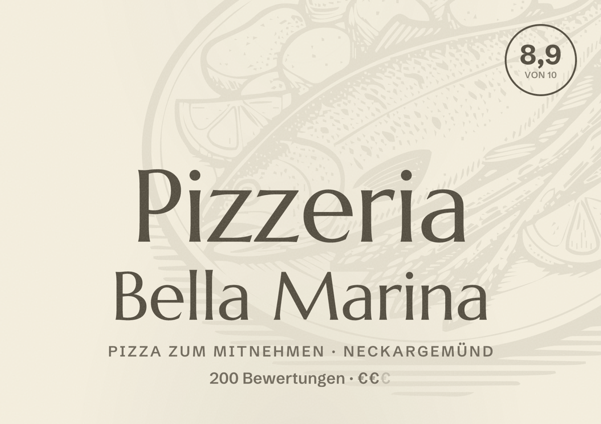 Illustriertes Poster von Pizzeria Bella Marina, Pizza zum Mitnehmen in Neckargemünd: Bewertung 8,9 von 10 aus 200 Bewertungen, Preisniveau €€
