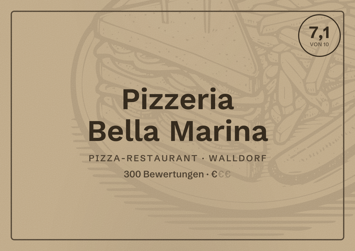 Illustriertes Poster von Pizzeria Bella Marina, Pizza-Restaurant in Walldorf: Bewertung 7,1 von 10 aus 300 Bewertungen, Preisniveau €