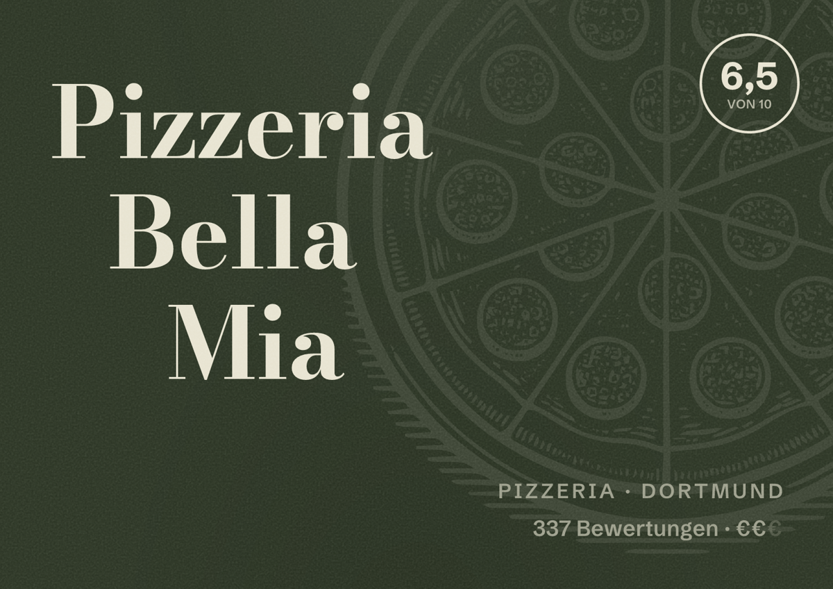 Illustriertes Poster von Pizzeria Bella Mia, Pizzeria in Dortmund: Bewertung 6,5 von 10 aus 337 Bewertungen, Preisniveau €€