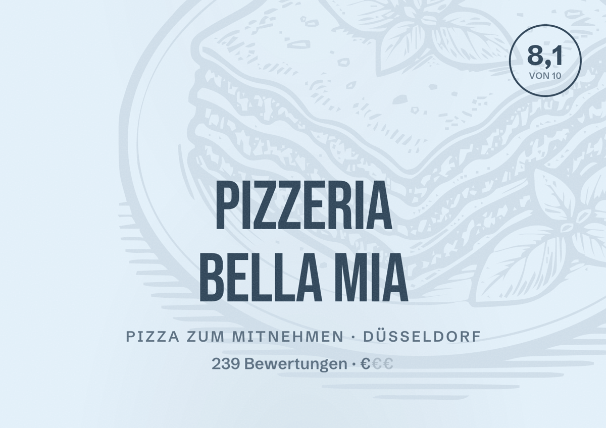 Illustriertes Poster von Pizzeria Bella Mia, Pizza zum Mitnehmen in Düsseldorf: Bewertung 8,1 von 10 aus 239 Bewertungen, Preisniveau €