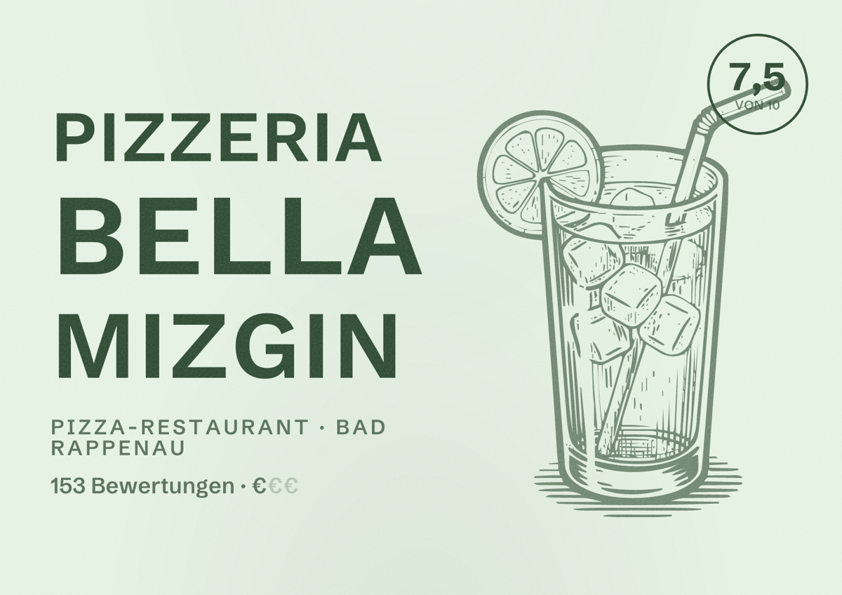 Illustriertes Poster von Pizzeria Bella Mizgin, Pizza-Restaurant in Bad Rappenau: Bewertung 7,5 von 10 aus 153 Bewertungen, Preisniveau €