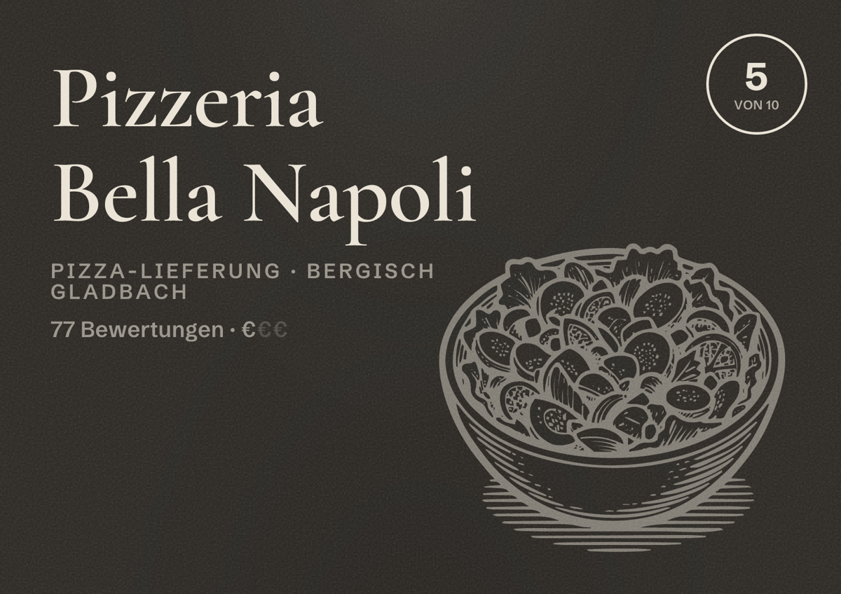 Illustriertes Poster von Pizzeria Bella Napoli, Pizza-Lieferung in Bergisch Gladbach: Bewertung 5 von 10 aus 77 Bewertungen, Preisniveau €