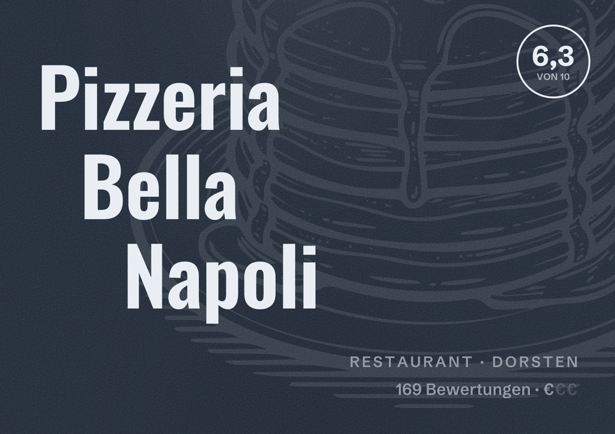 Illustriertes Poster von Pizzeria Bella Napoli, Restaurant in Dorsten: Bewertung 6,3 von 10 aus 169 Bewertungen, Preisniveau €
