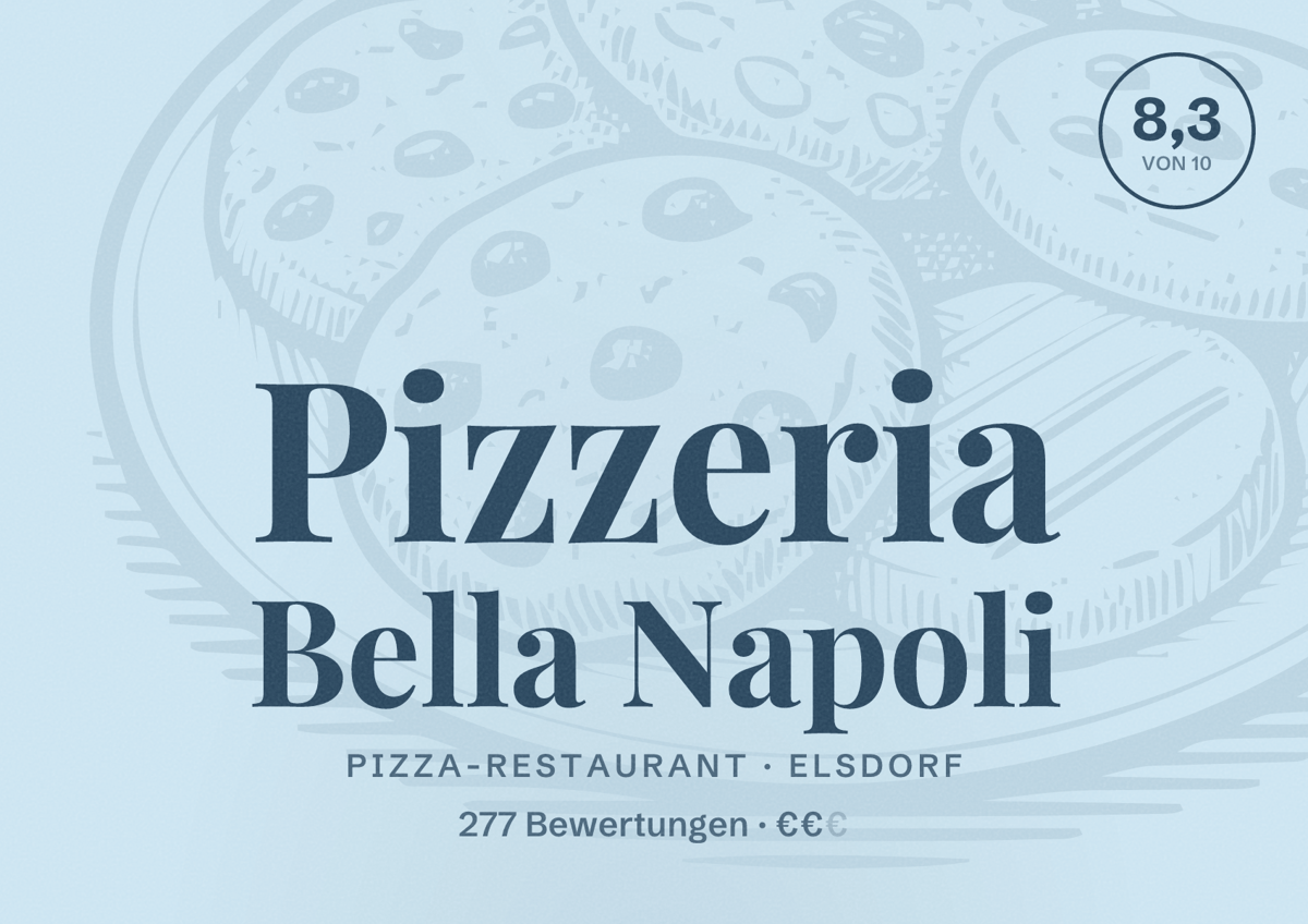 Illustriertes Poster von Pizzeria Bella Napoli, Pizza-Restaurant in Elsdorf: Bewertung 8,3 von 10 aus 277 Bewertungen, Preisniveau €€