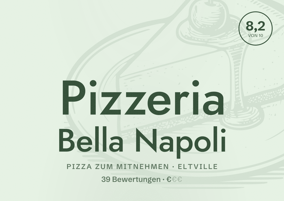 Illustriertes Poster von Pizzeria Bella Napoli, Pizza zum Mitnehmen in Eltville: Bewertung 8,2 von 10 aus 39 Bewertungen, Preisniveau €