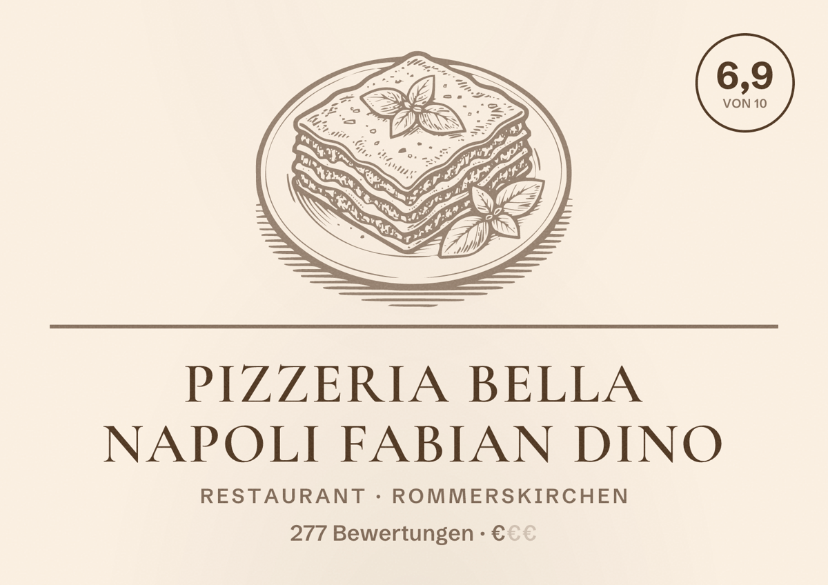 Illustriertes Poster von Pizzeria Bella Napoli Fabian Dino, Restaurant in Rommerskirchen: Bewertung 6,9 von 10 aus 277 Bewertungen, Preisniveau €
