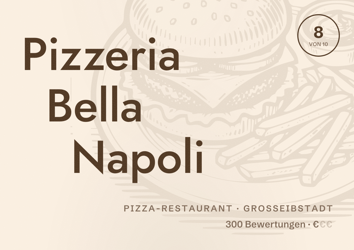Illustriertes Poster von Pizzeria Bella Napoli, Pizza-Restaurant in Großeibstadt: Bewertung 8 von 10 aus 300 Bewertungen, Preisniveau €