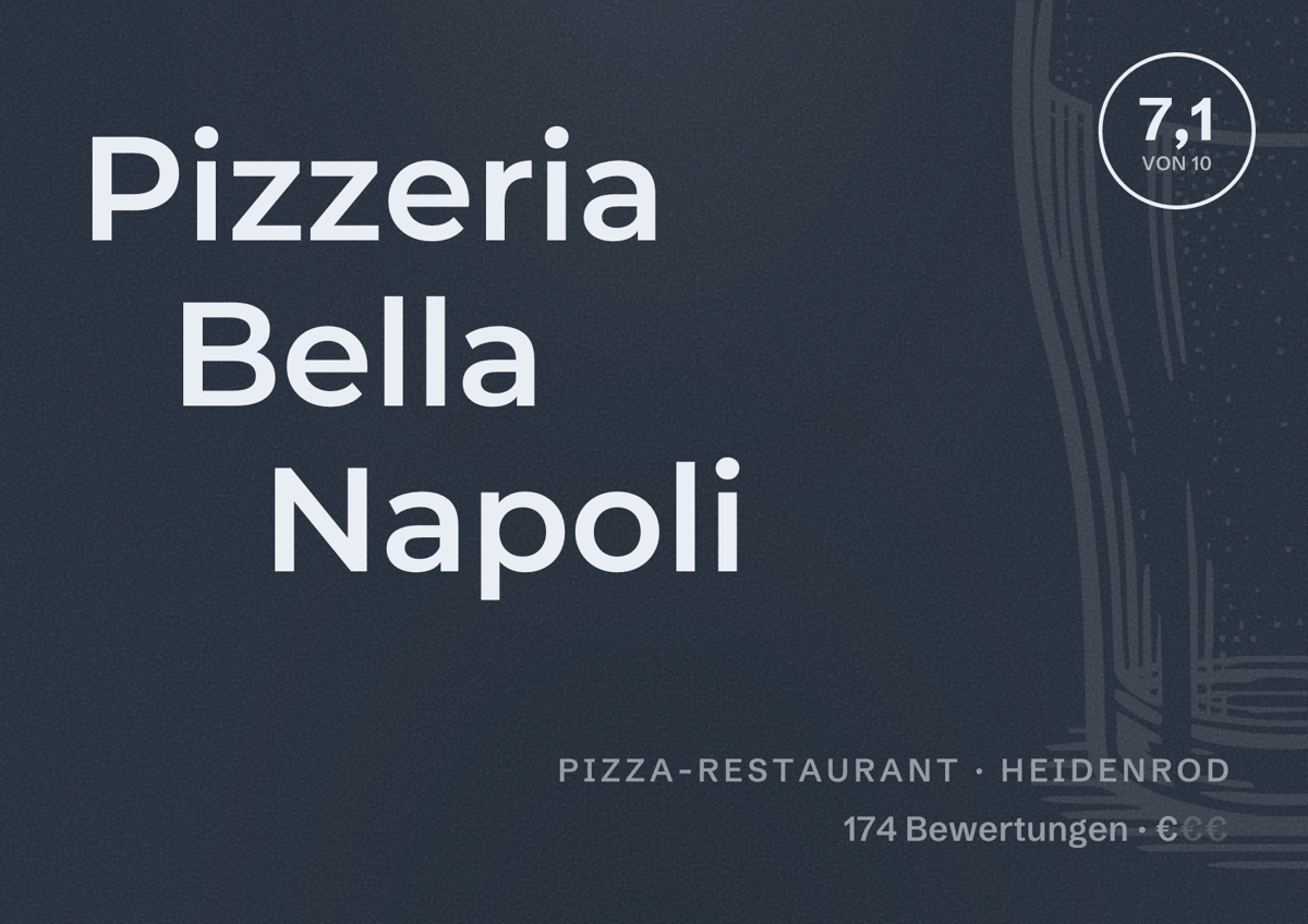 Illustriertes Poster von Pizzeria Bella Napoli, Pizza-Restaurant in Heidenrod: Bewertung 7,1 von 10 aus 174 Bewertungen, Preisniveau €