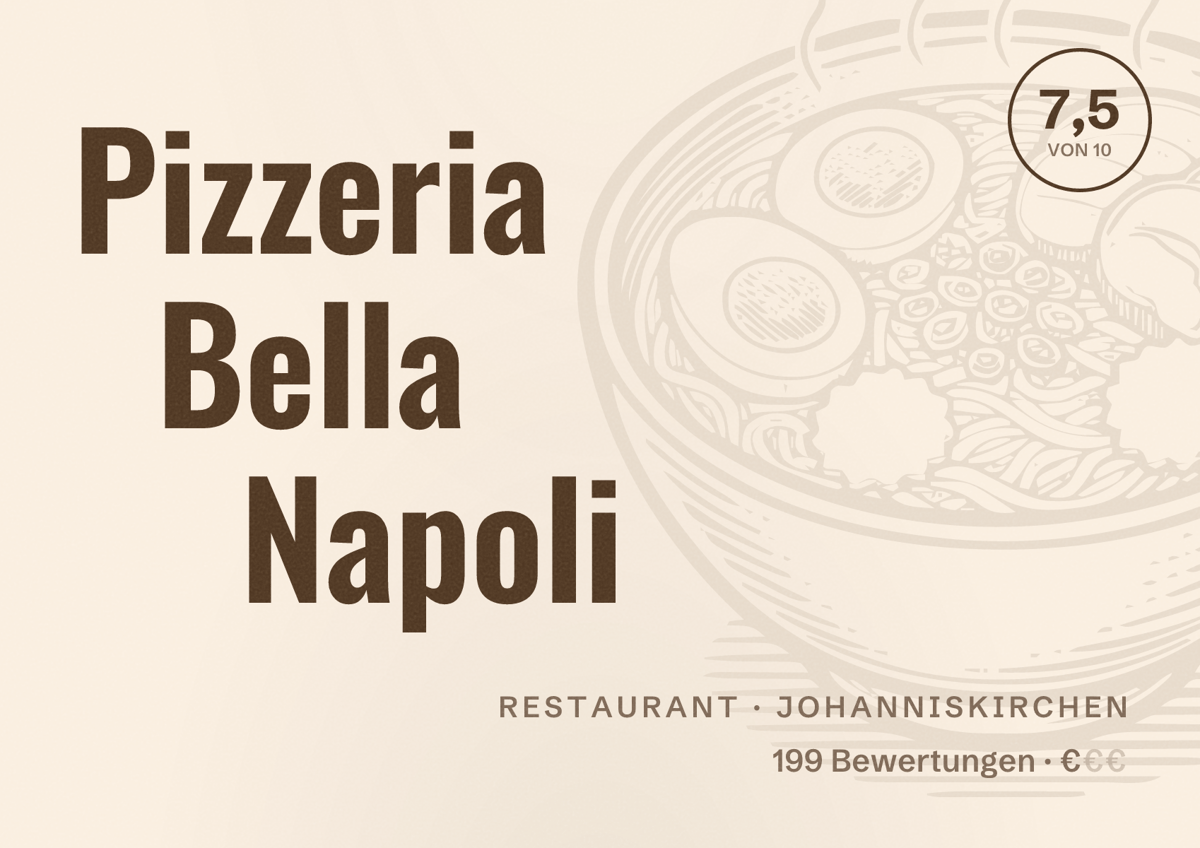 Illustriertes Poster von Pizzeria Bella Napoli, Restaurant in Johanniskirchen: Bewertung 7,5 von 10 aus 199 Bewertungen, Preisniveau €