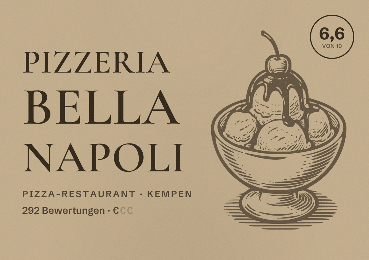 Illustriertes Poster von Pizzeria Bella Napoli, Pizza-Restaurant in Kempen: Bewertung 6,6 von 10 aus 292 Bewertungen, Preisniveau €