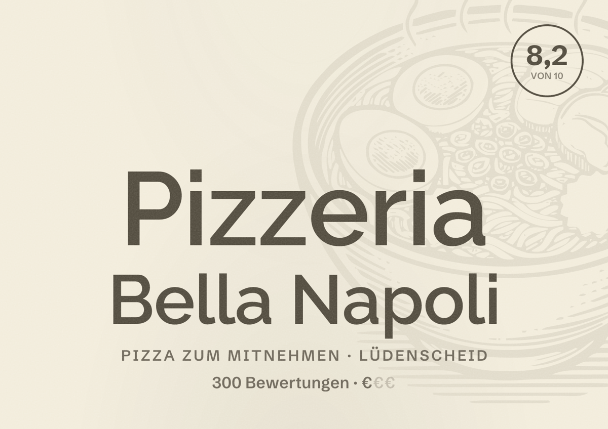 Illustriertes Poster von Pizzeria Bella Napoli, Pizza zum Mitnehmen in Lüdenscheid: Bewertung 8,2 von 10 aus 300 Bewertungen, Preisniveau €