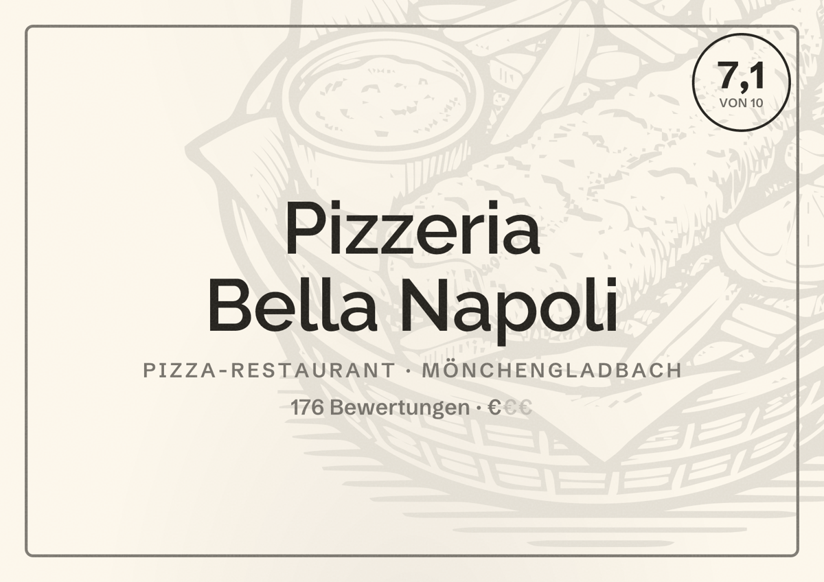 Illustriertes Poster von Pizzeria Bella Napoli, Pizza-Restaurant in Mönchengladbach: Bewertung 7,1 von 10 aus 176 Bewertungen, Preisniveau €