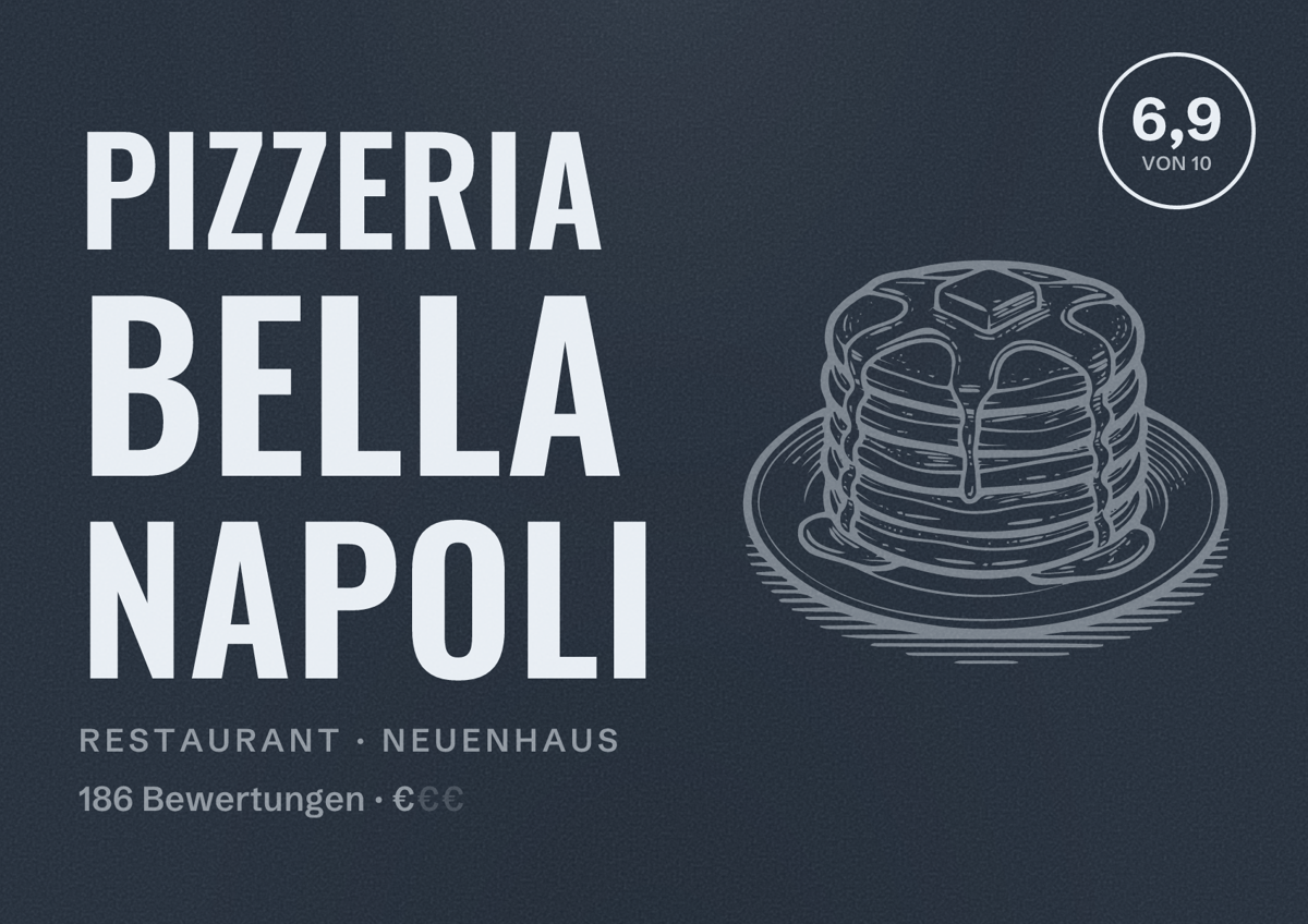 Illustriertes Poster von Pizzeria Bella Napoli, Restaurant in Neuenhaus: Bewertung 6,9 von 10 aus 186 Bewertungen, Preisniveau €