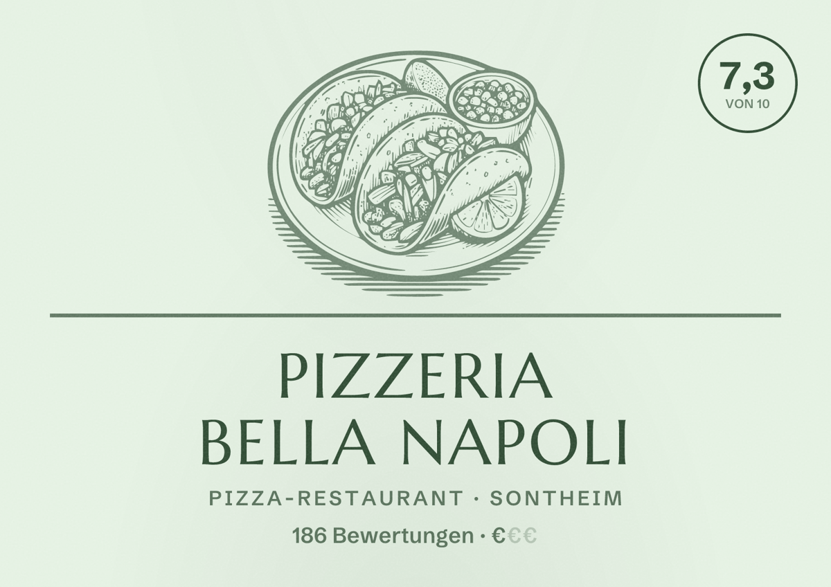 Illustriertes Poster von Pizzeria Bella Napoli, Pizza-Restaurant in Sontheim: Bewertung 7,3 von 10 aus 186 Bewertungen, Preisniveau €