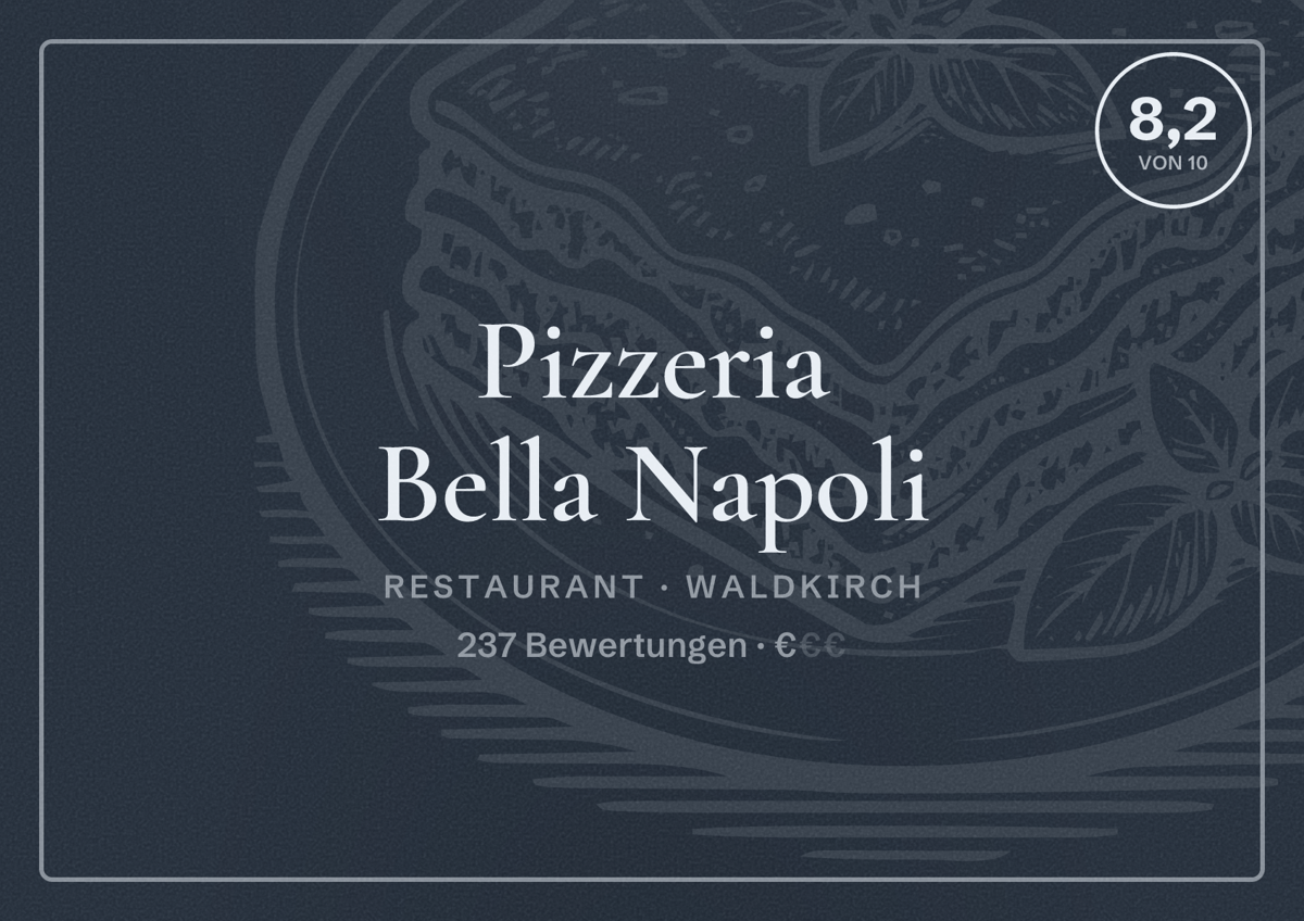 Illustriertes Poster von Pizzeria Bella Napoli, Restaurant in Waldkirch: Bewertung 8,2 von 10 aus 237 Bewertungen, Preisniveau €