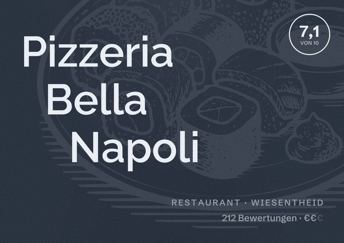 Illustriertes Poster von Pizzeria Bella Napoli, Restaurant in Wiesentheid: Bewertung 7,1 von 10 aus 212 Bewertungen, Preisniveau €€