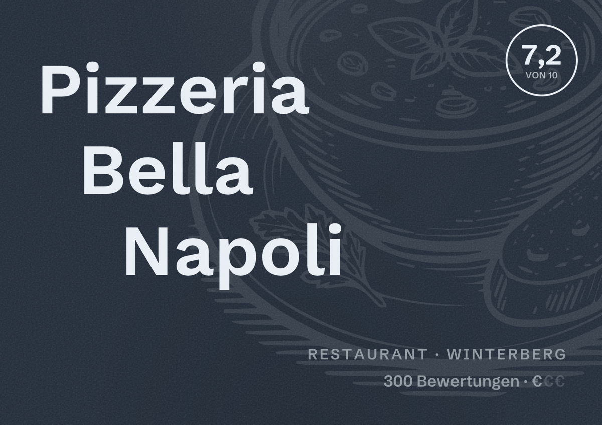 Illustriertes Poster von Pizzeria Bella Napoli, Restaurant in Winterberg: Bewertung 7,2 von 10 aus 300 Bewertungen, Preisniveau €