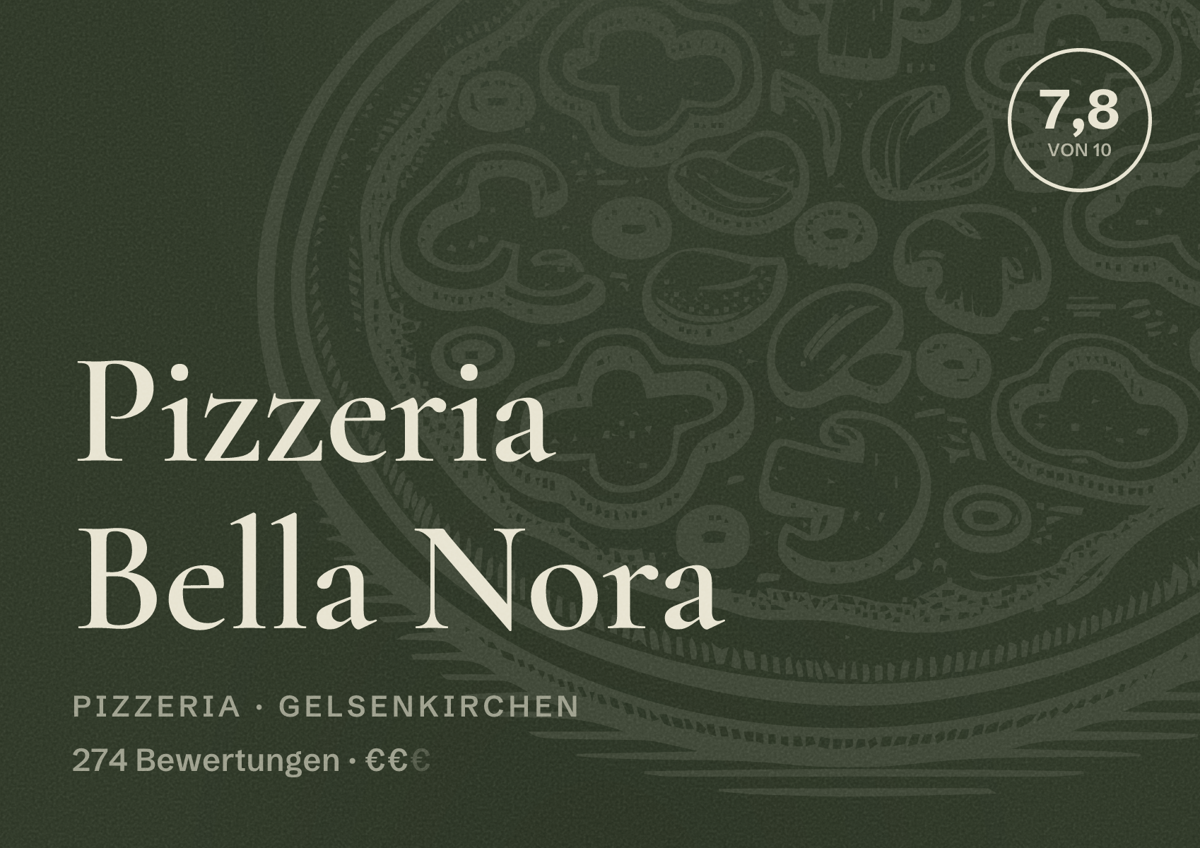 Illustriertes Poster von Pizzeria Bella Nora, Pizzeria in Gelsenkirchen: Bewertung 7,8 von 10 aus 274 Bewertungen, Preisniveau €€