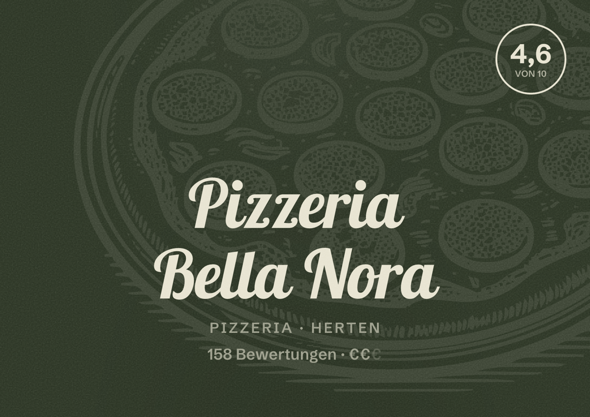 Illustriertes Poster von Pizzeria Bella Nora, Pizzeria in Herten: Bewertung 4,6 von 10 aus 158 Bewertungen, Preisniveau €€