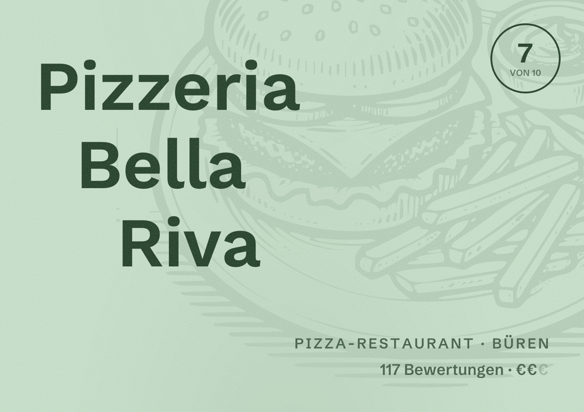 Illustriertes Poster von Pizzeria Bella Riva, Pizza-Restaurant in Büren: Bewertung 7 von 10 aus 117 Bewertungen, Preisniveau €€