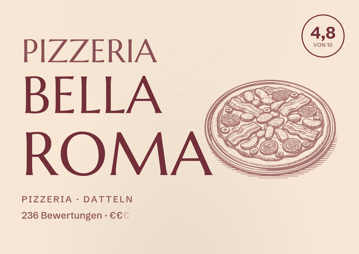 Illustriertes Poster von Pizzeria Bella Roma, Pizzeria in Datteln: Bewertung 4,8 von 10 aus 236 Bewertungen, Preisniveau €€