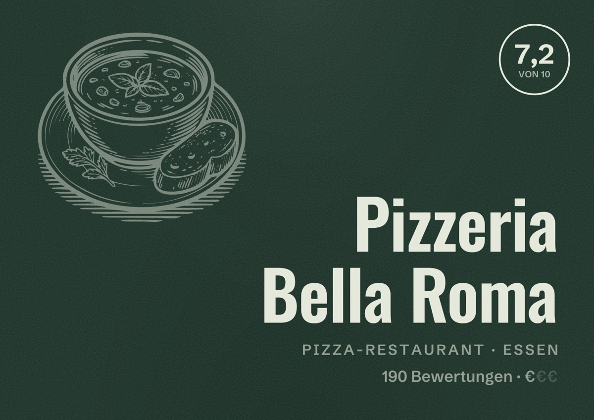 Illustriertes Poster von Pizzeria Bella Roma, Pizza-Restaurant in Essen: Bewertung 7,2 von 10 aus 190 Bewertungen, Preisniveau €