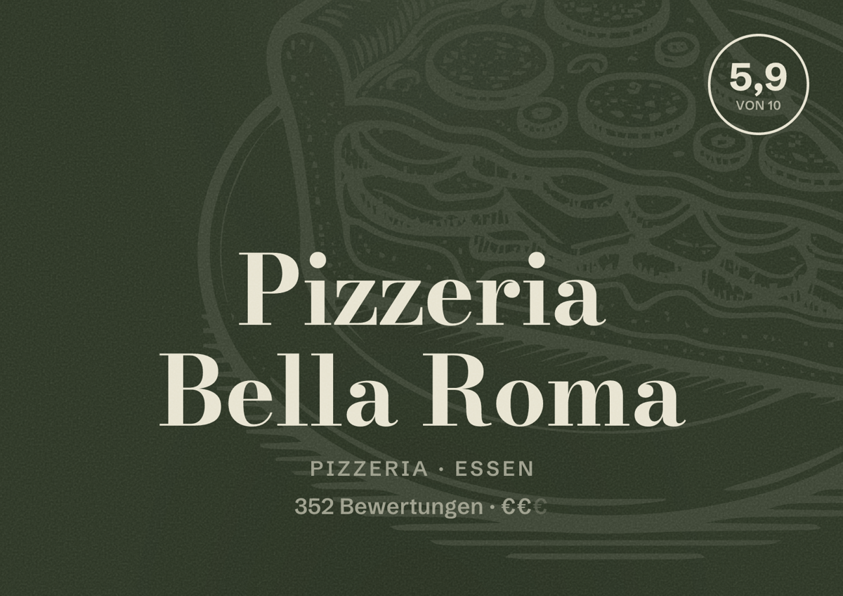 Illustriertes Poster von Pizzeria Bella Roma, Pizzeria in Essen: Bewertung 5,9 von 10 aus 352 Bewertungen, Preisniveau €€