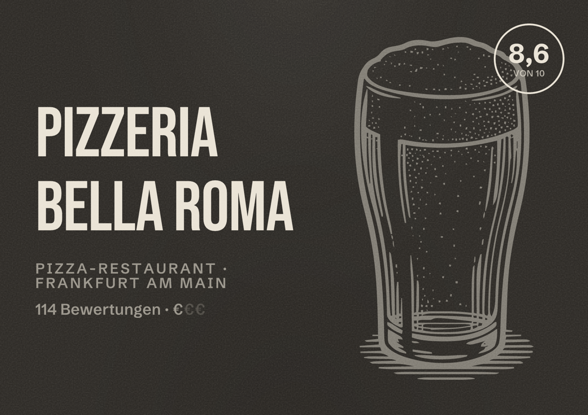 Illustriertes Poster von Pizzeria Bella Roma, Pizza-Restaurant in Frankfurt am Main: Bewertung 8,6 von 10 aus 114 Bewertungen, Preisniveau €