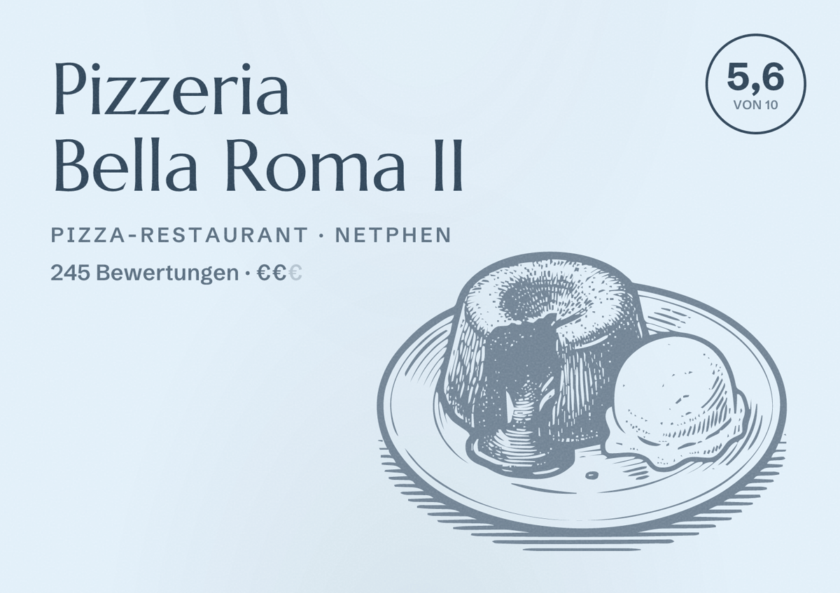 Illustriertes Poster von Pizzeria Bella Roma II, Pizza-Restaurant in Netphen: Bewertung 5,6 von 10 aus 245 Bewertungen, Preisniveau €€