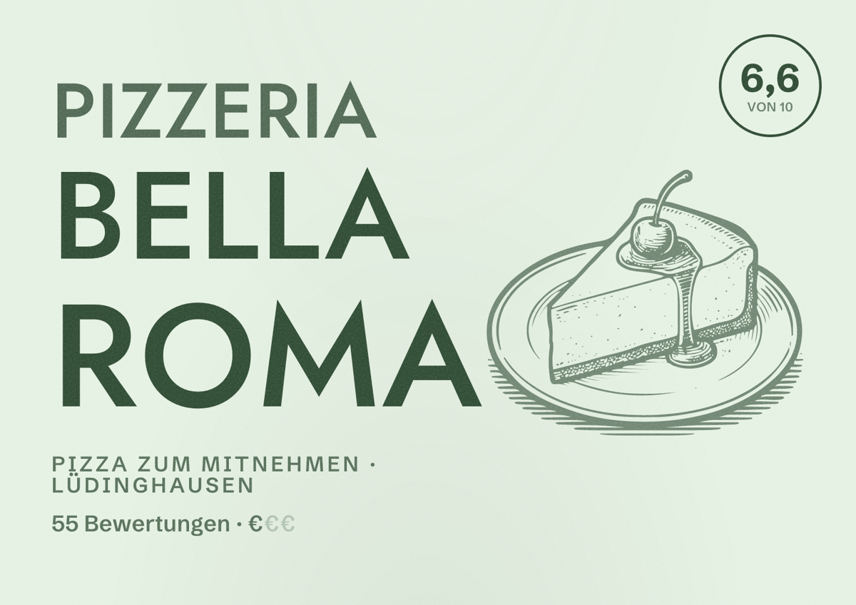 Illustriertes Poster von Pizzeria Bella Roma, Pizza zum Mitnehmen in Lüdinghausen: Bewertung 6,6 von 10 aus 55 Bewertungen, Preisniveau €