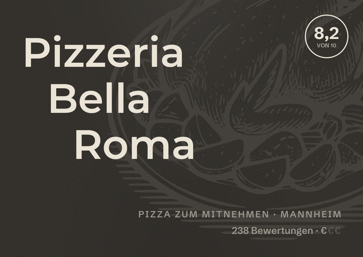 Illustriertes Poster von Pizzeria Bella Roma, Pizza zum Mitnehmen in Mannheim: Bewertung 8,2 von 10 aus 238 Bewertungen, Preisniveau €