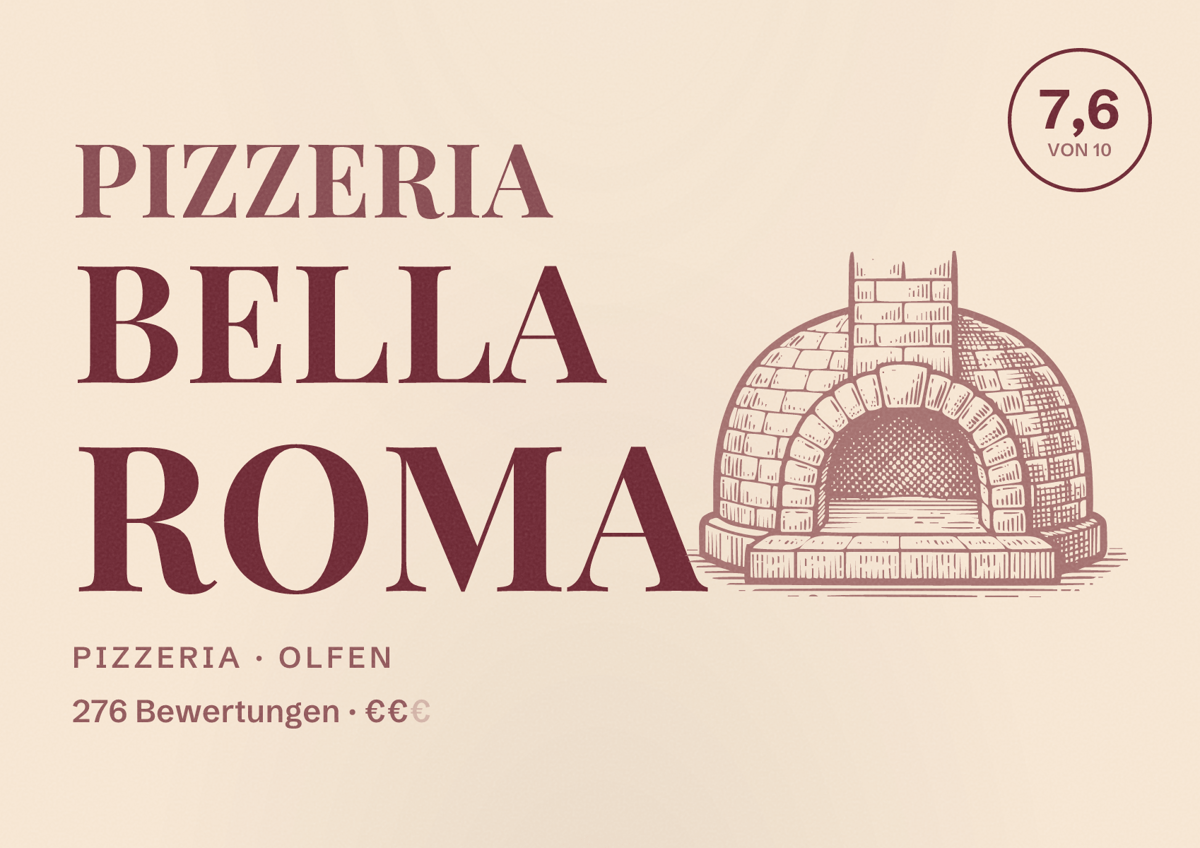 Illustriertes Poster von Pizzeria Bella Roma, Pizzeria in Olfen: Bewertung 7,6 von 10 aus 276 Bewertungen, Preisniveau €€