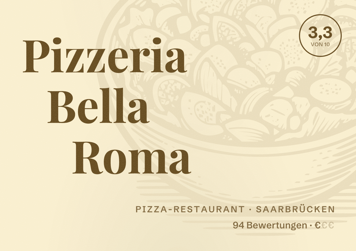 Illustriertes Poster von Pizzeria Bella Roma, Pizza-Restaurant in Saarbrücken: Bewertung 3,3 von 10 aus 94 Bewertungen, Preisniveau €