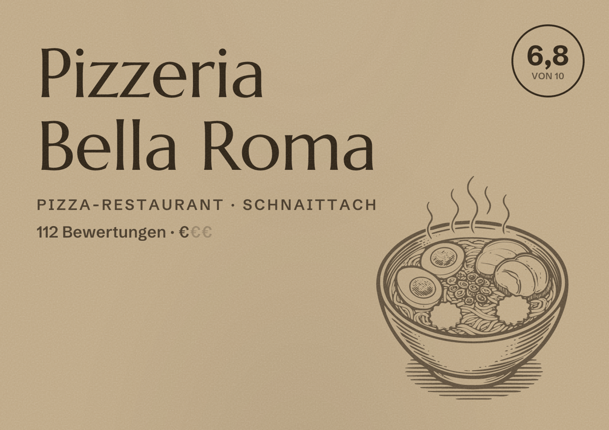 Illustriertes Poster von Pizzeria Bella Roma, Pizza-Restaurant in Schnaittach: Bewertung 6,8 von 10 aus 112 Bewertungen, Preisniveau €