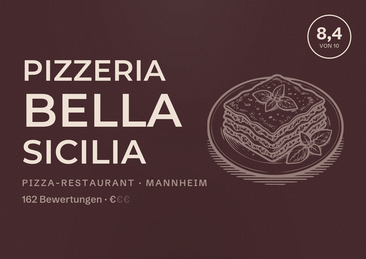Illustriertes Poster von Pizzeria Bella Sicilia, Pizza-Restaurant in Mannheim: Bewertung 8,4 von 10 aus 162 Bewertungen, Preisniveau €