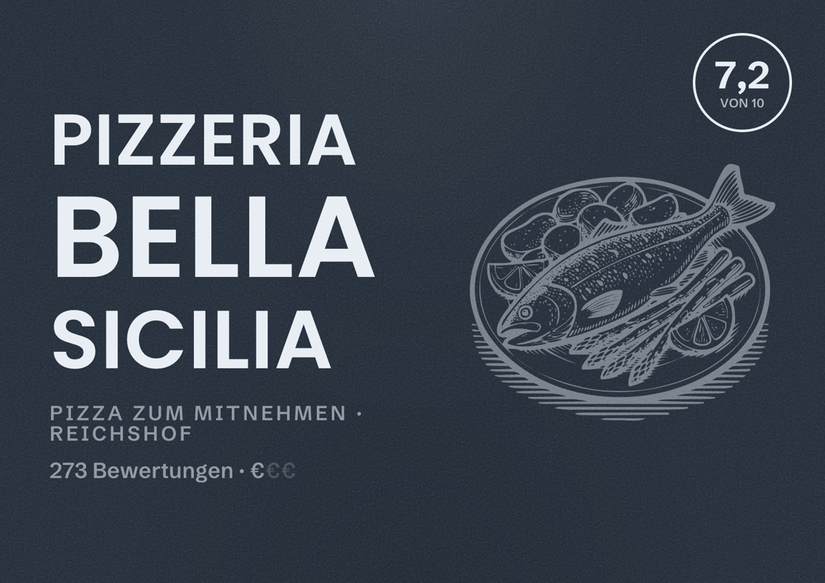 Illustriertes Poster von Pizzeria Bella Sicilia, Pizza zum Mitnehmen in Reichshof: Bewertung 7,2 von 10 aus 273 Bewertungen, Preisniveau €