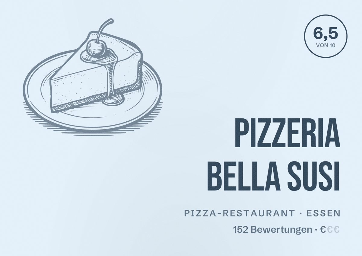 Illustriertes Poster von Pizzeria Bella Susi, Pizza-Restaurant in Essen: Bewertung 6,5 von 10 aus 152 Bewertungen, Preisniveau €