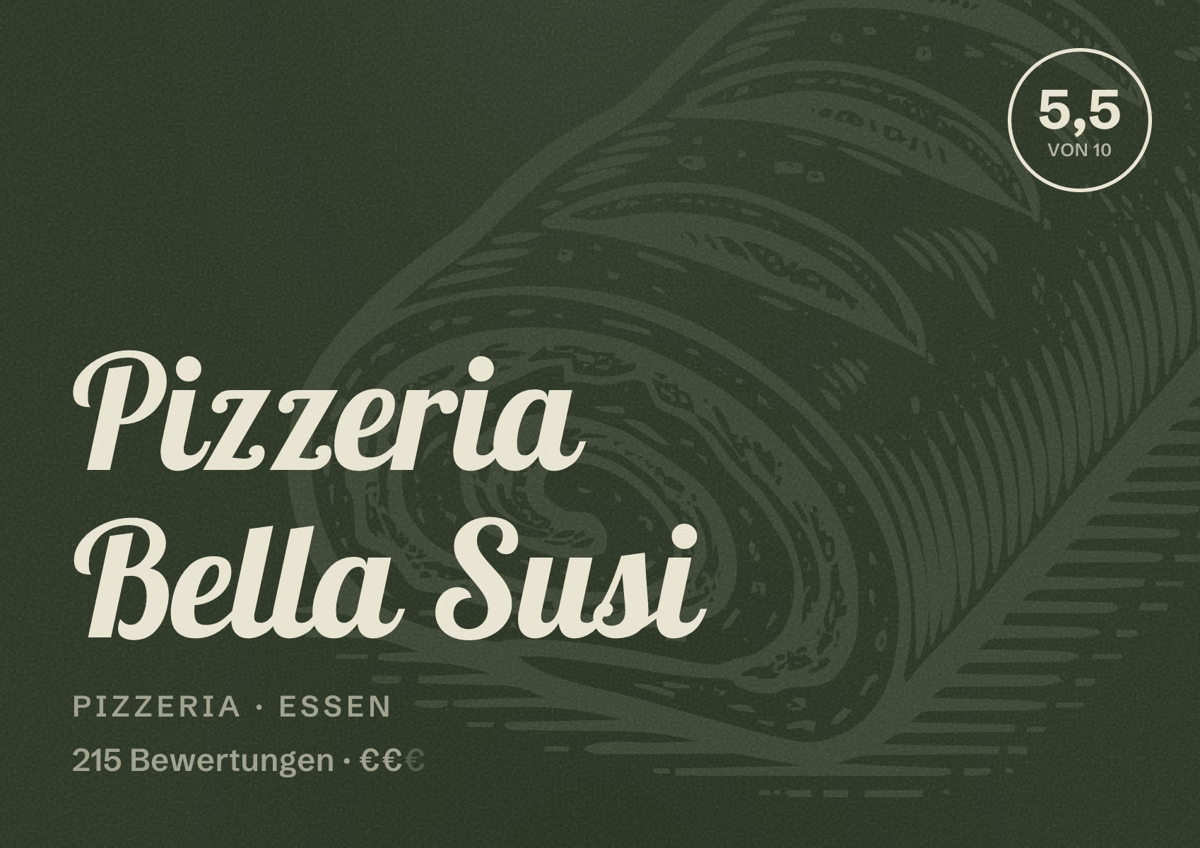 Illustriertes Poster von Pizzeria Bella Susi, Pizzeria in Essen: Bewertung 5,5 von 10 aus 215 Bewertungen, Preisniveau €€