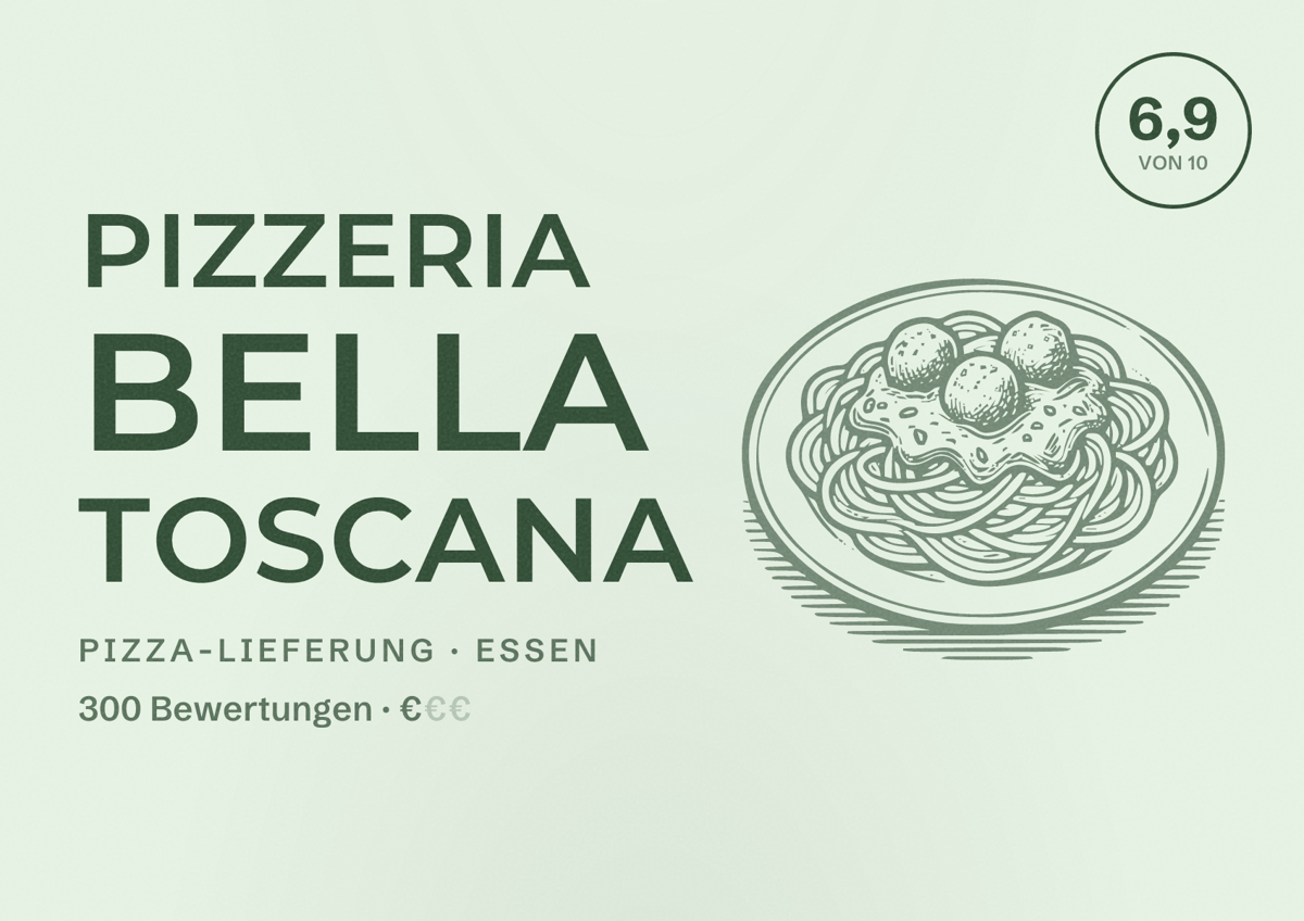 Illustriertes Poster von Pizzeria Bella Toscana, Pizza-Lieferung in Essen: Bewertung 6,9 von 10 aus 300 Bewertungen, Preisniveau €