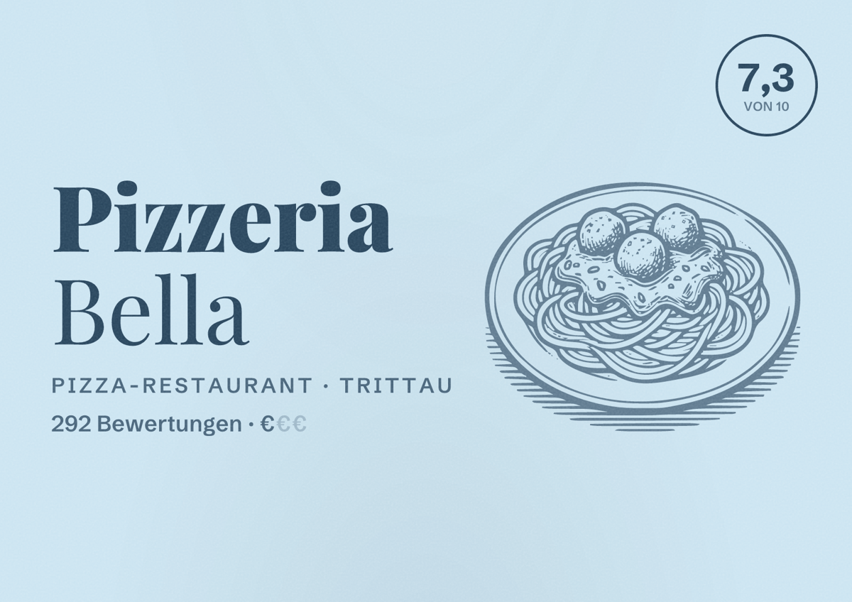 Illustriertes Poster von Pizzeria Bella, Pizza-Restaurant in Trittau: Bewertung 7,3 von 10 aus 292 Bewertungen, Preisniveau €